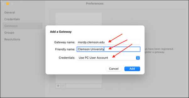 Red arrows to Gateway name, Friendly name, Credentials